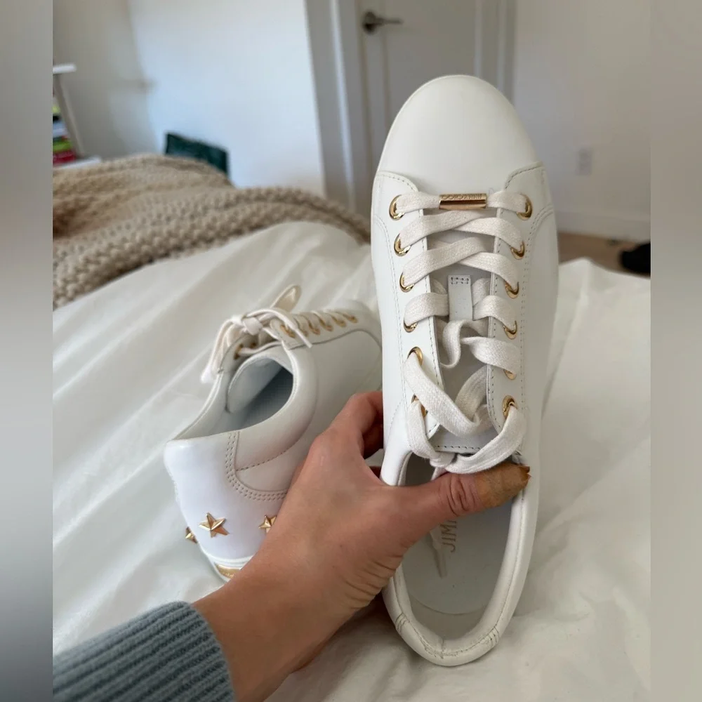 NEW Jimmy Choo White and Star Studded Gold Leather Sneakers 41.5 / 10 US